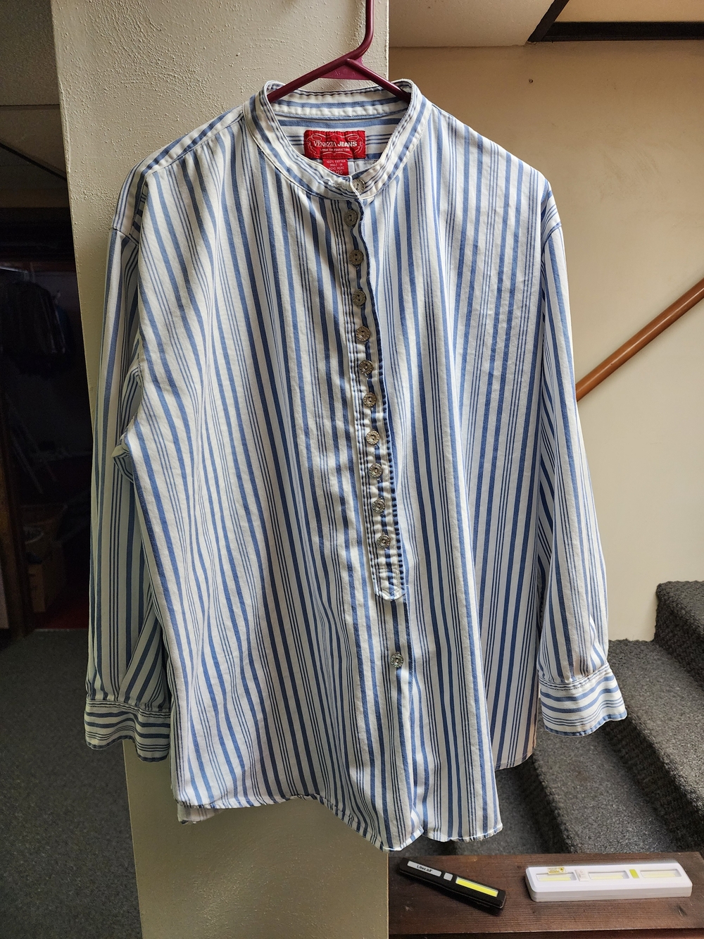 Vintage Women's Blue and White Stripe Band-Collar Shirt